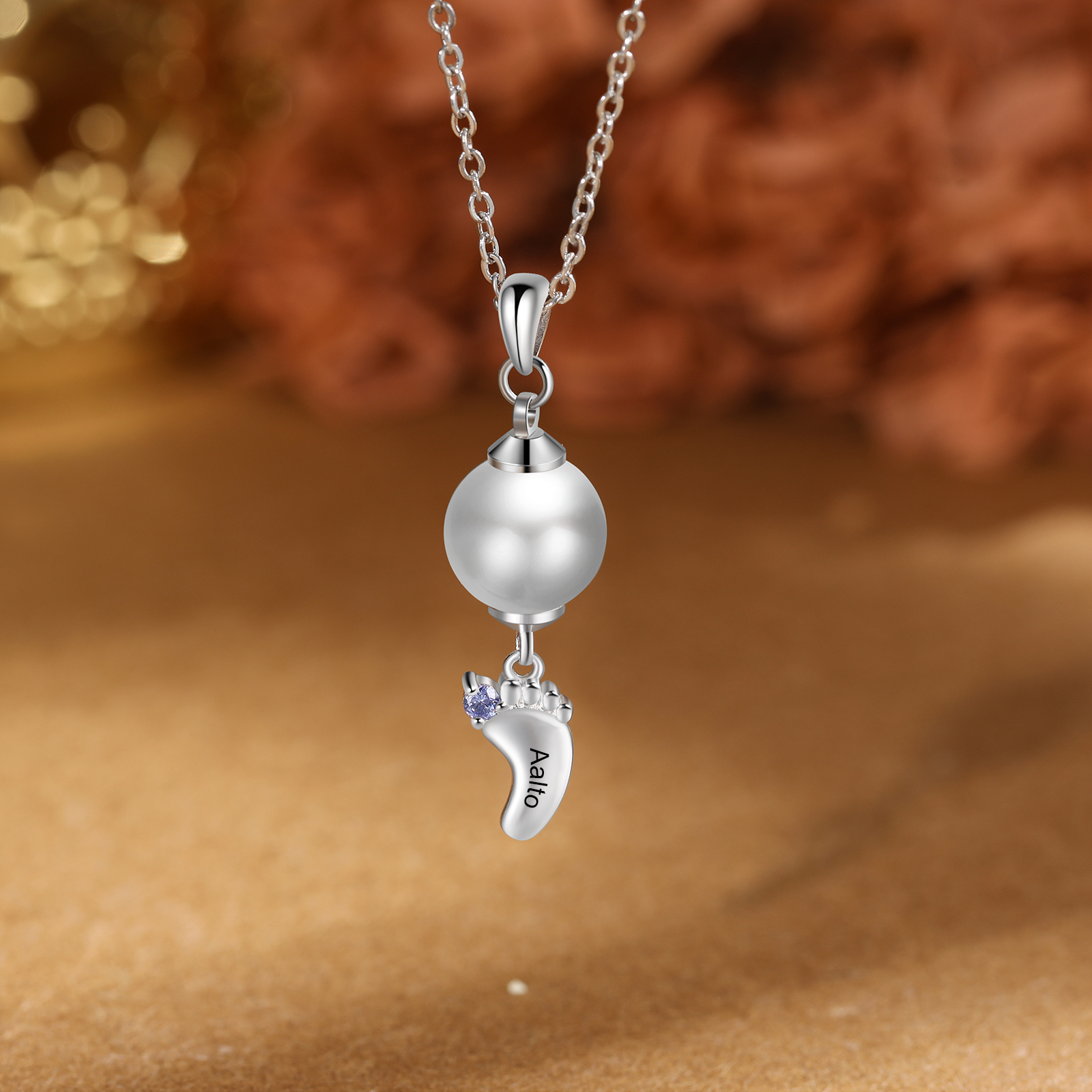 Personalised Baby Feet Pearl Necklace Custom 1 Name & Birthstone Mother Necklace-Jessemade AU