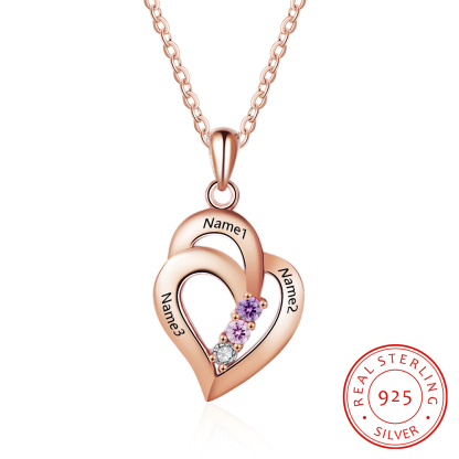 Personalised Heart Necklace With 3 Birthstones Engraved Names Gift For Her-Jessemade AU