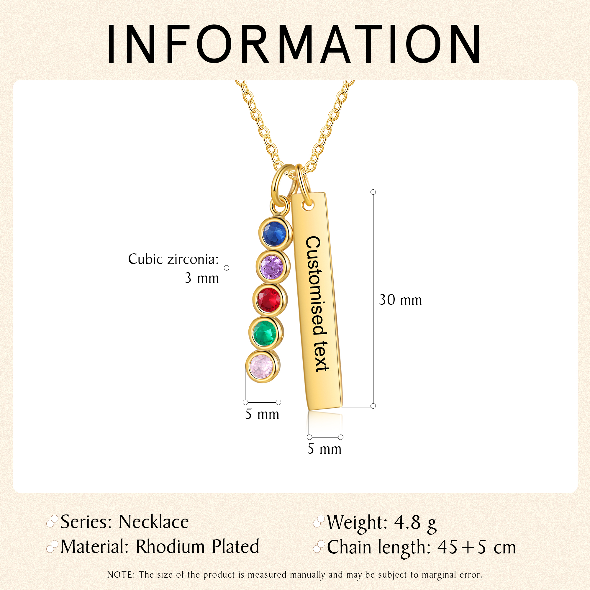 Personalised Bar Pendant Necklace Custom 5 Birthstones & 1 Text Necklace Birthday Gift for Her-Jessemade AU