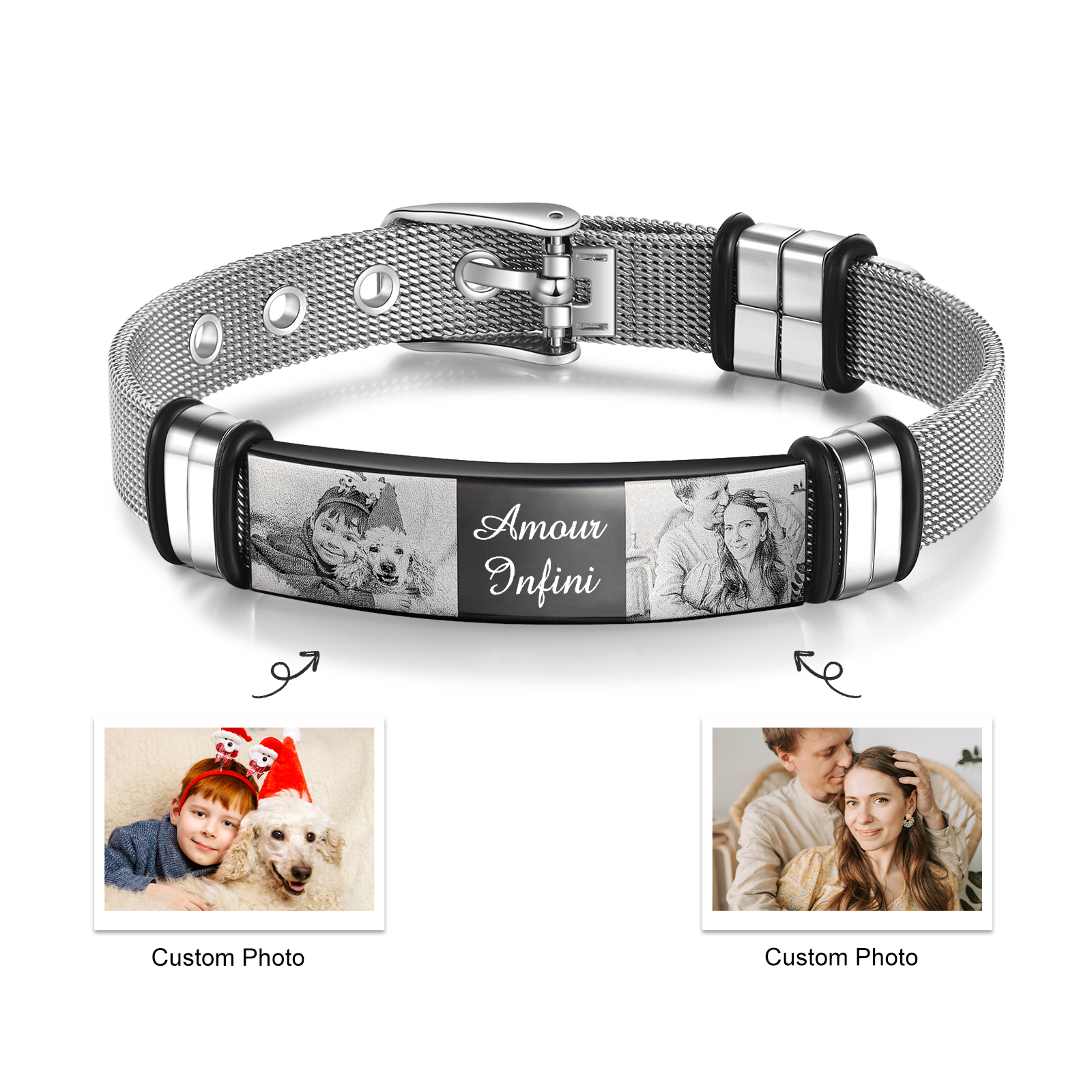 Personalised ID Bar Bracelet Engraved 2 Photos Men Women Bracelet-Jessemade AU