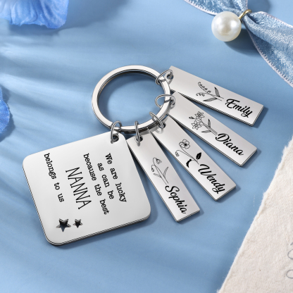 Personalised 4 Names & 4 Birth Flowers Keychain Custom Text Family Keychain Gifts for Mother/Grandma-Jessemade AU