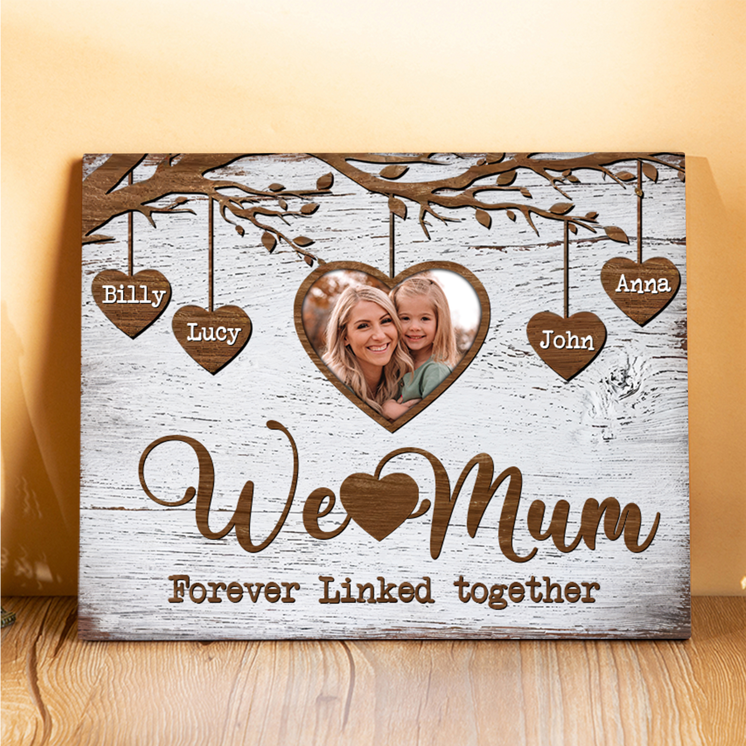 Personalised 4 Names & 1 Photo Wooden Plaque Custom Family Tree Home Decor Mother's Day Gifts - We Love Mum, Forever Linked Together-Jessemade AU