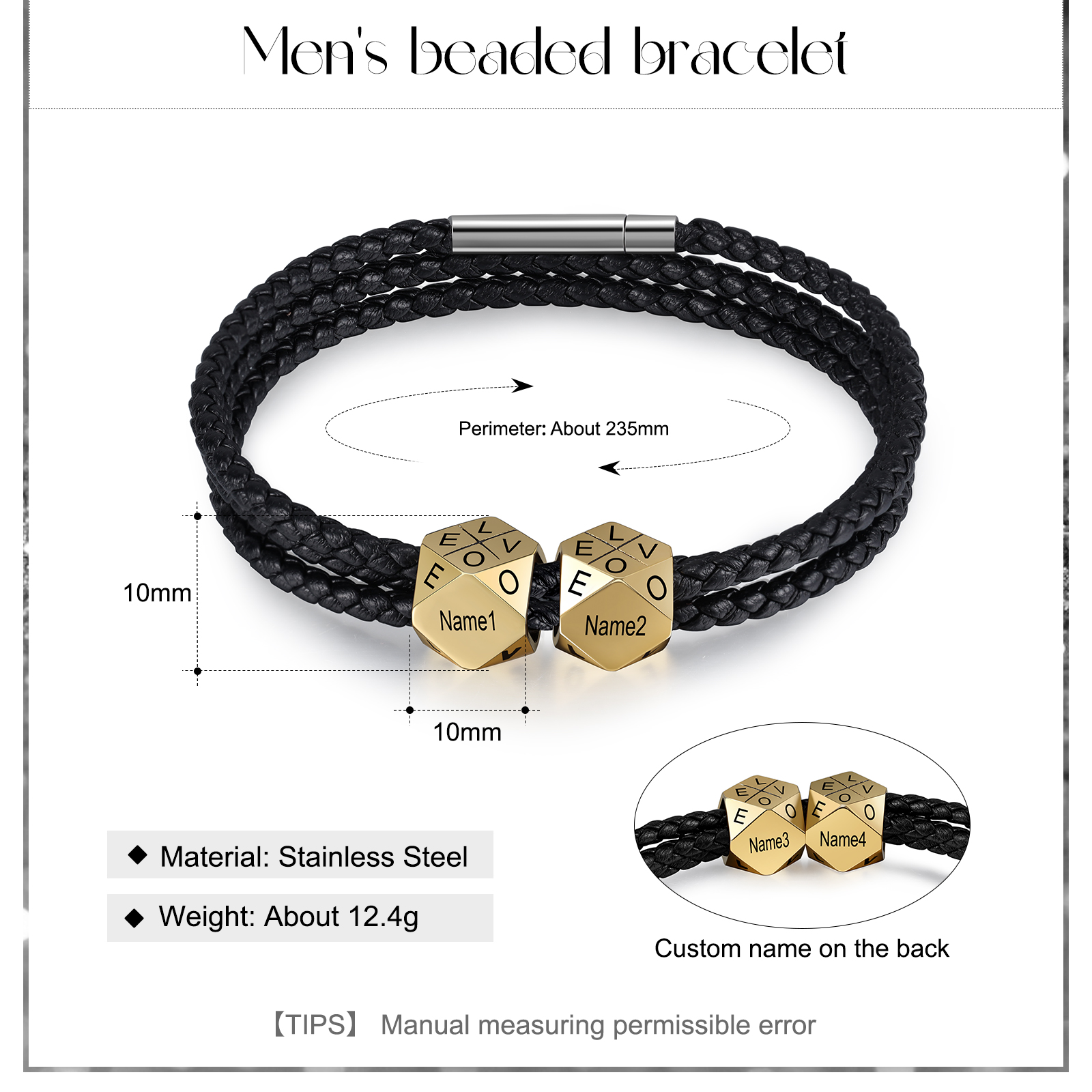 Personalised Braided Leather Bracelet Engraved 4 Names polyhedron Men's Bracelet Gifts For Him-Jessemade AU