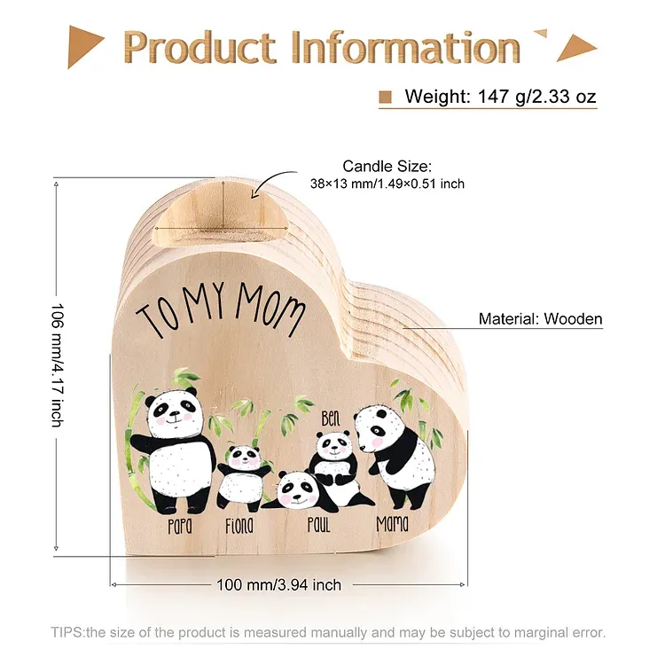 Family Panda Heart Candle Holder Personalised Wooden Candlestick Custom 5 Names-Jessemade AU