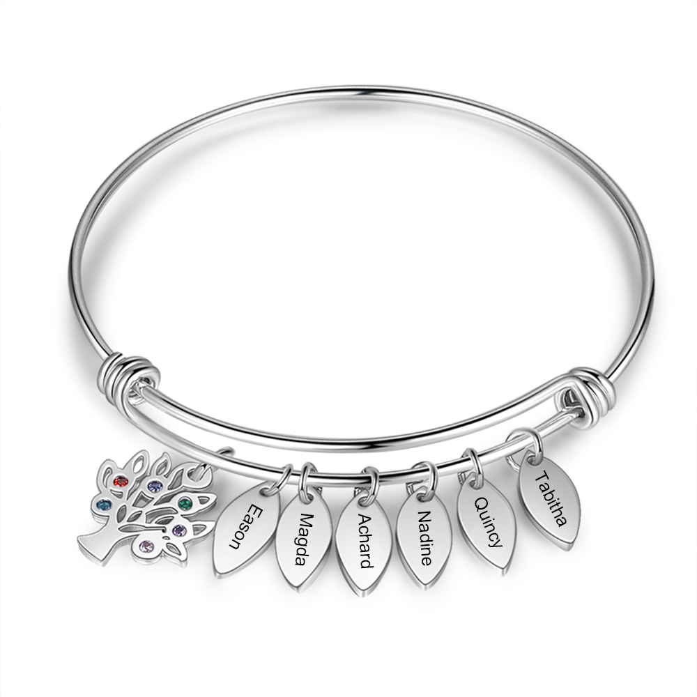 Personalised Family Tree Bracelet with 6 Birthstones Leaf Charms Bangle for Her-Jessemade AU