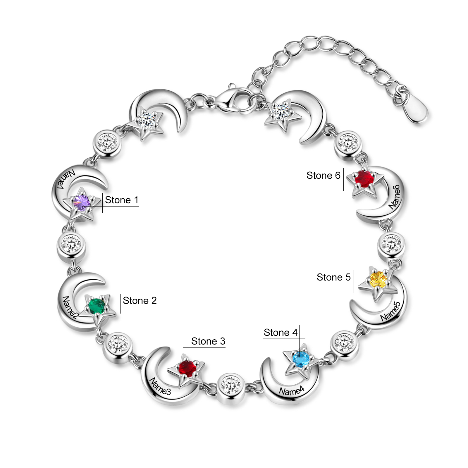 Personalised Moons And Stars Bracelet With 6 Birthstones Custom Names Bracelet Gift For Women-Jessemade AU