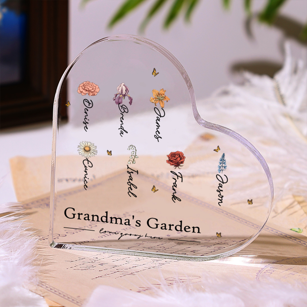 Personalised Text Acrylic Heart Keepsake Custom 1–10 Names & Birth Flowers Ornament Gift for Mother/Grandma - Love Grows Here-Jessemade AU