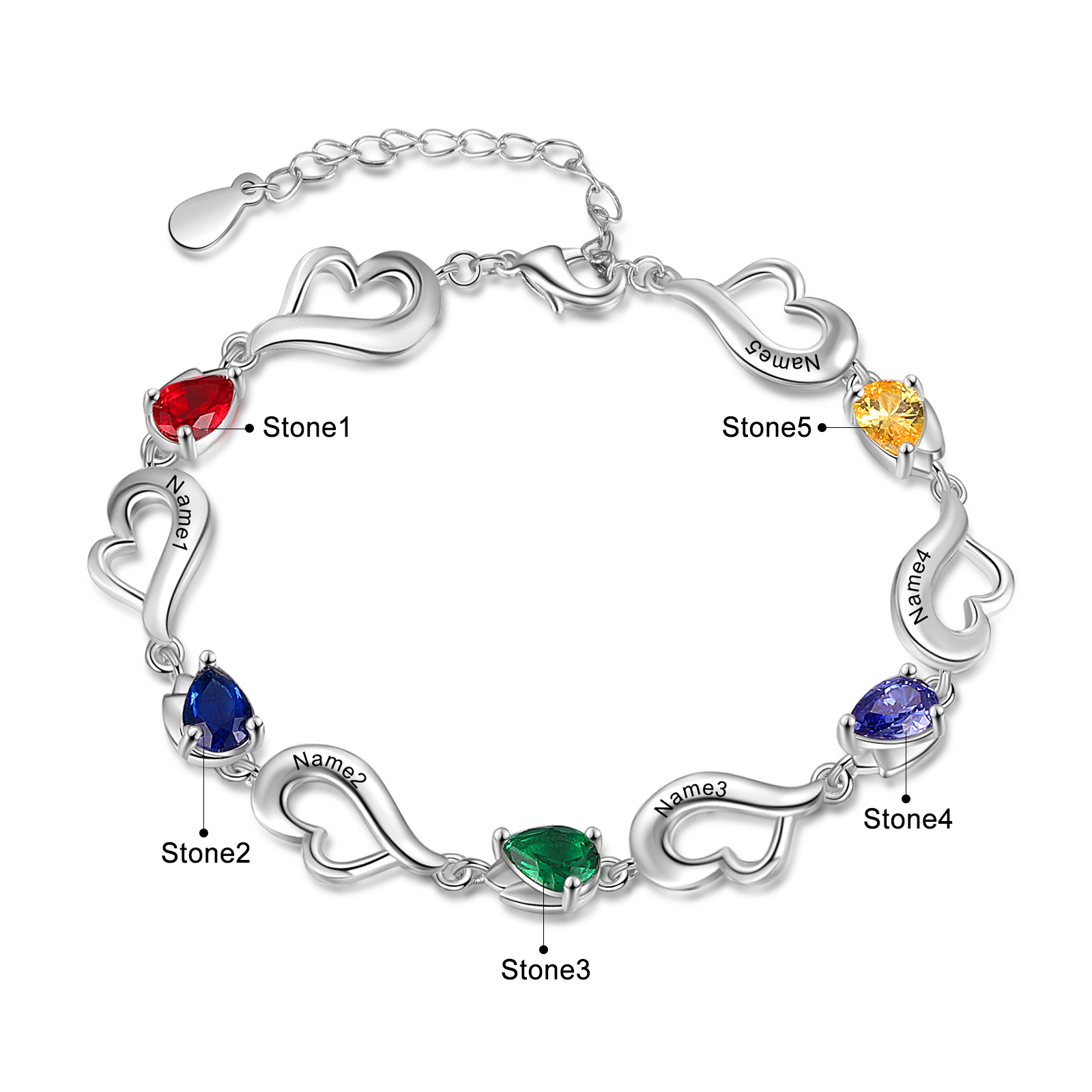 Personalised Heart Bracelet With 5 Birthstones Engraved Name Bracelet Gifts For Her-Jessemade AU