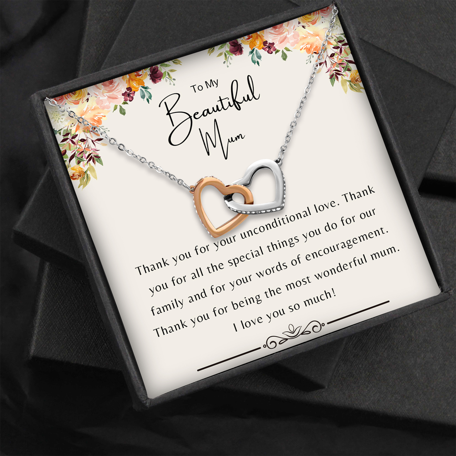 To My Beautiful Mum Interlocking Heart Sterling Silver Necklace Gift Set Intertwined Love Necklace - Thank You For Your Unconditional Love-Jessemade AU