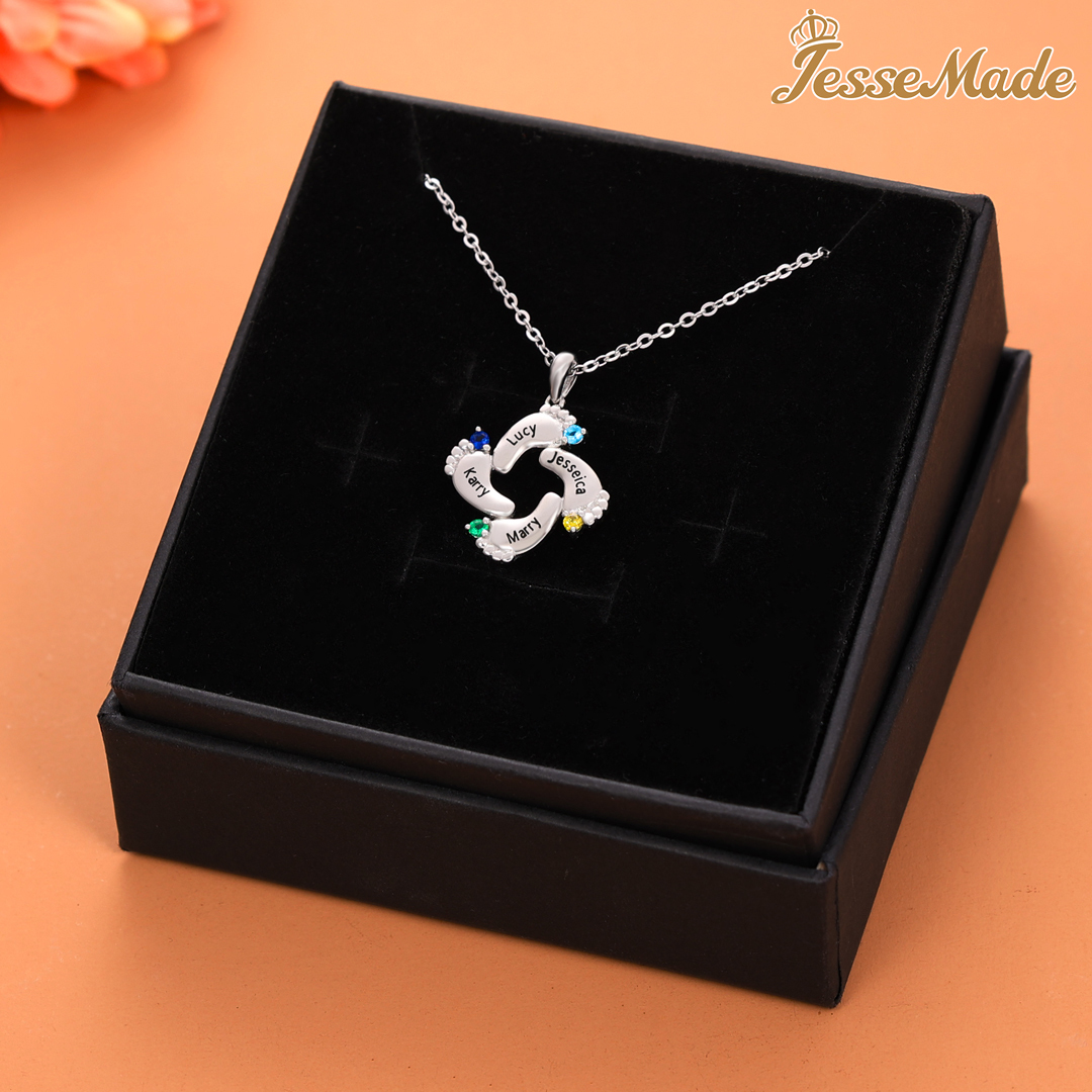 Personalised Baby Feet Necklace With 4 Birthstones Engraved Names Gift For Mother-Jessemade AU