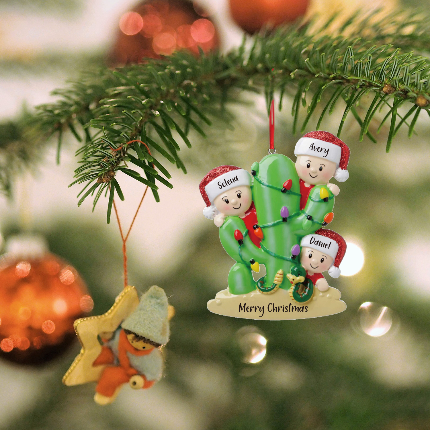 3 Names - Personalised Cactus Ornament Customised Name & Text Christmas Tree Wooden Decor Gift for Family and Friends-Jessemade AU