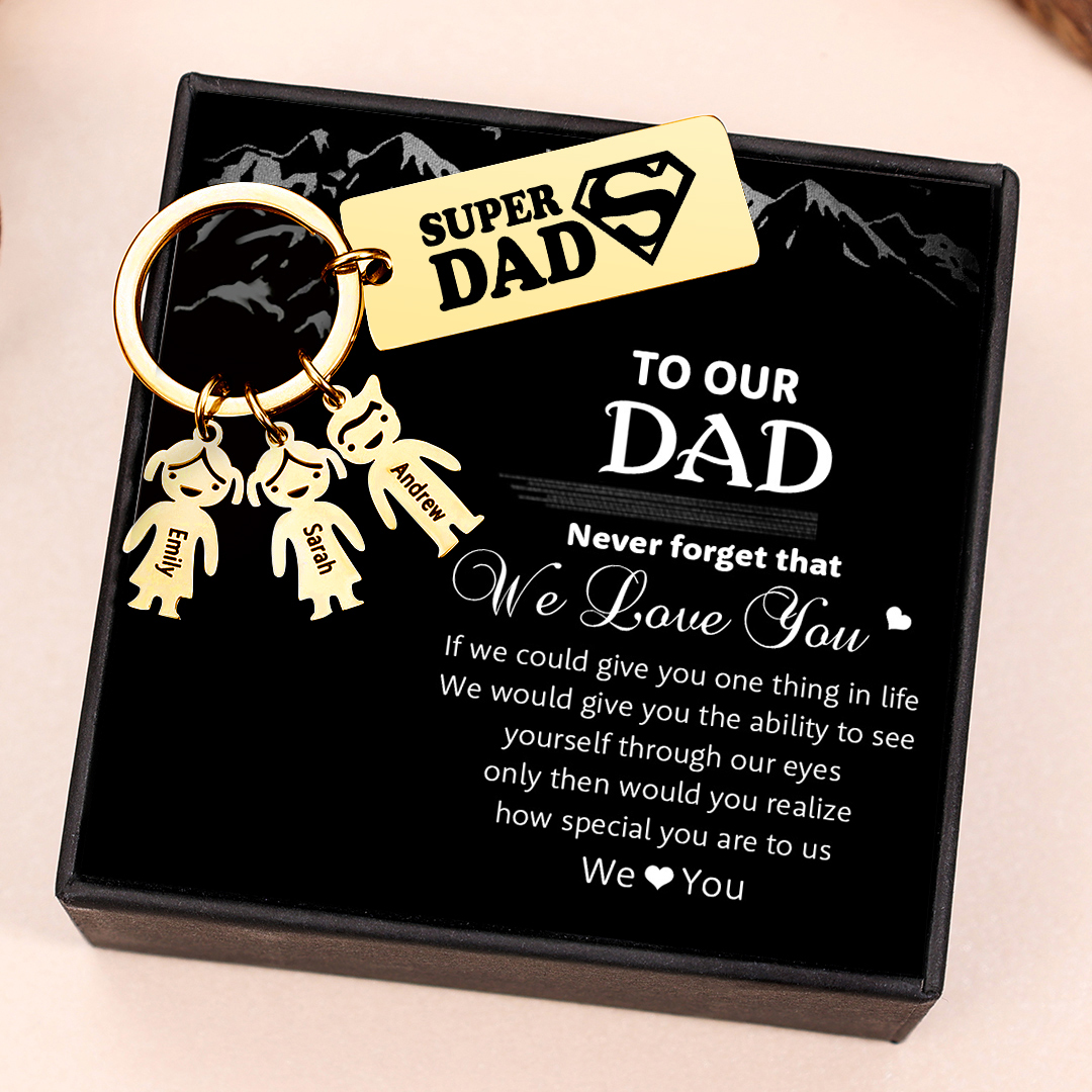 Father's Day Gift Personalised Super Dad Keychain Engraved 6 Kid Charms-Jessemade AU
