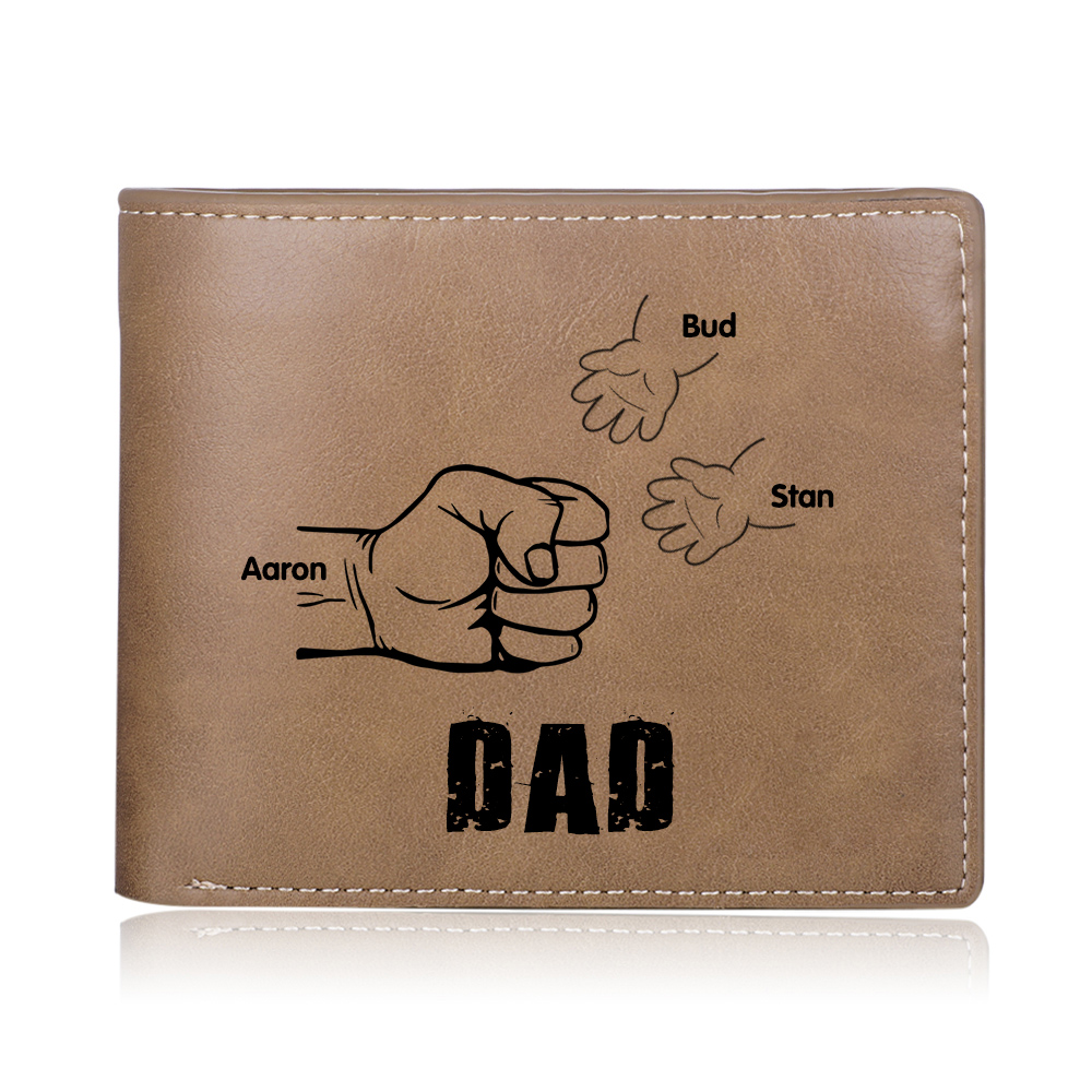3 Names - Personalised Men Leather Wallet Engraved Names Brown Wallet Fist Bump Folding Wallet Gift For Dad-Jessemade AU