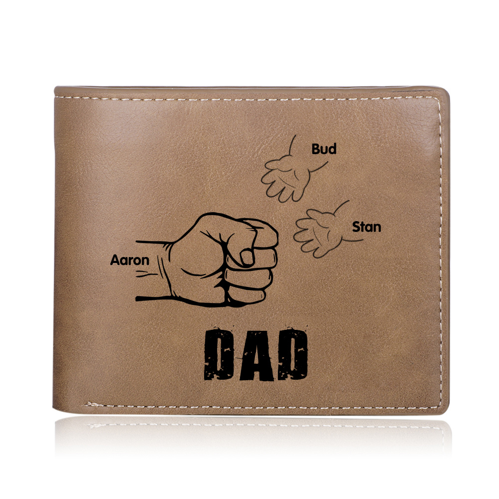 3 Names - Personalised Men Leather Wallet Engraved Names Brown Wallet Fist Bump Folding Wallet Gift For Dad-Jessemade AU