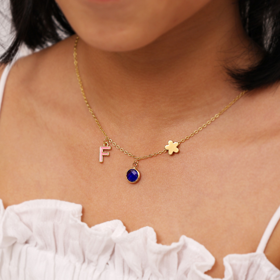 Back To School Flower Necklace Custom Birthstone and Initial Kid's Necklace-Jessemade AU