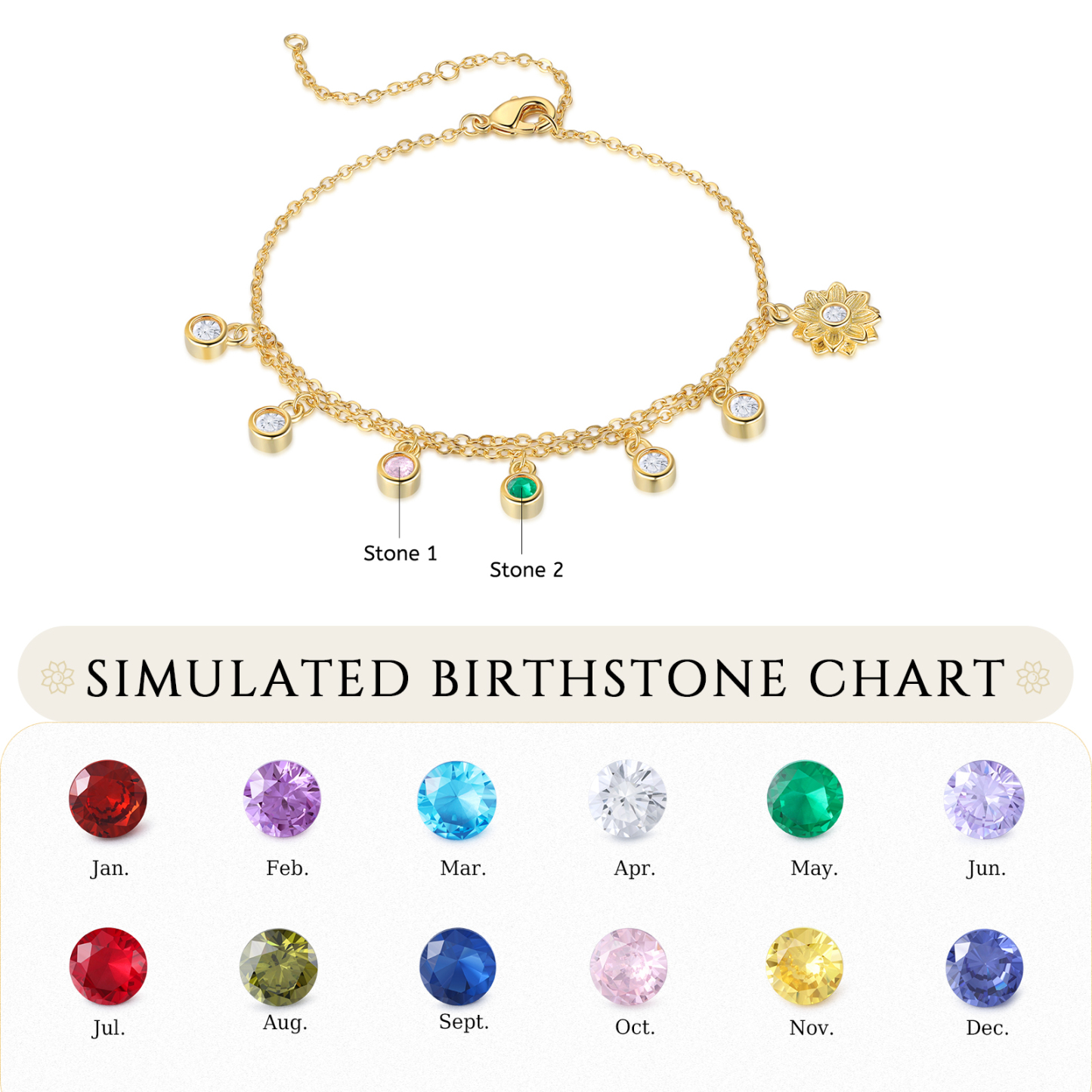 Personalised Women's Anklet Custom 2 Birthstones Anklet Gold Adjustable Anklet Birthday Gift for Her-Jessemade AU