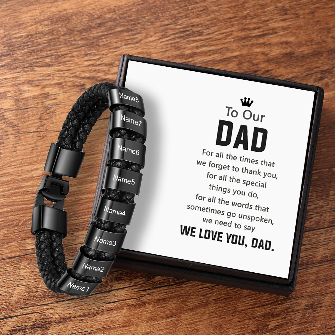 Customised Braided Leather Bracelet Engraved 8 Names Men's Bracelet Gifts For Dad-Jessemade AU
