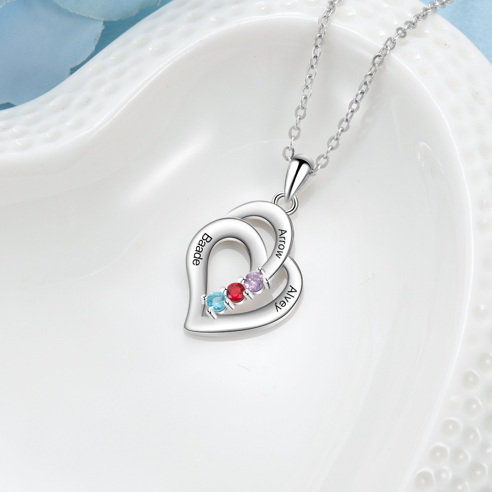 Personalised Heart Necklace With 3 Birthstones Engraved Names Gift For Her-Jessemade AU