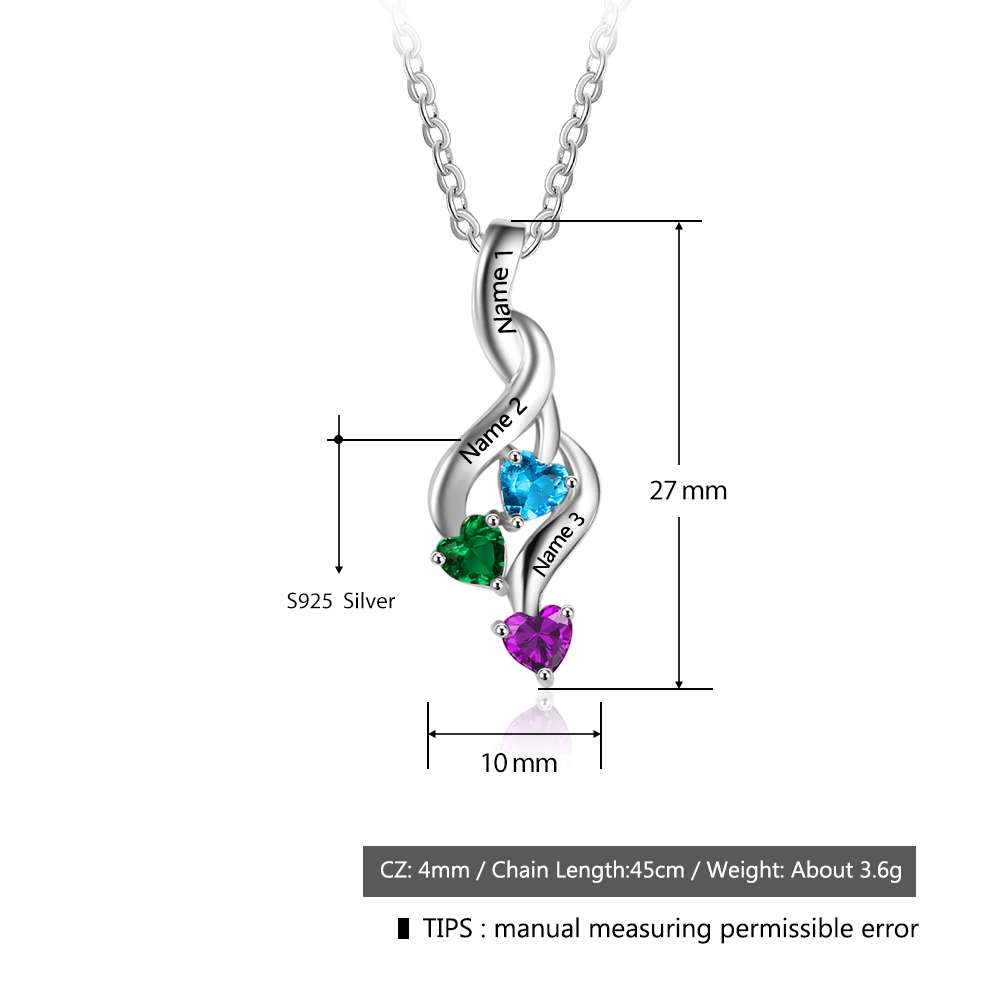 Personalised Necklace With 3 Heart Birthstones Engraved Names Gift For Women-Jessemade AU
