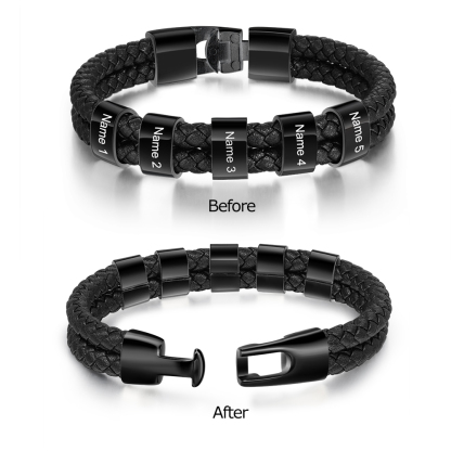 Personalised Braided Leather Bracelet Engraved 5 Names Men's Bracelet for Him-Jessemade AU