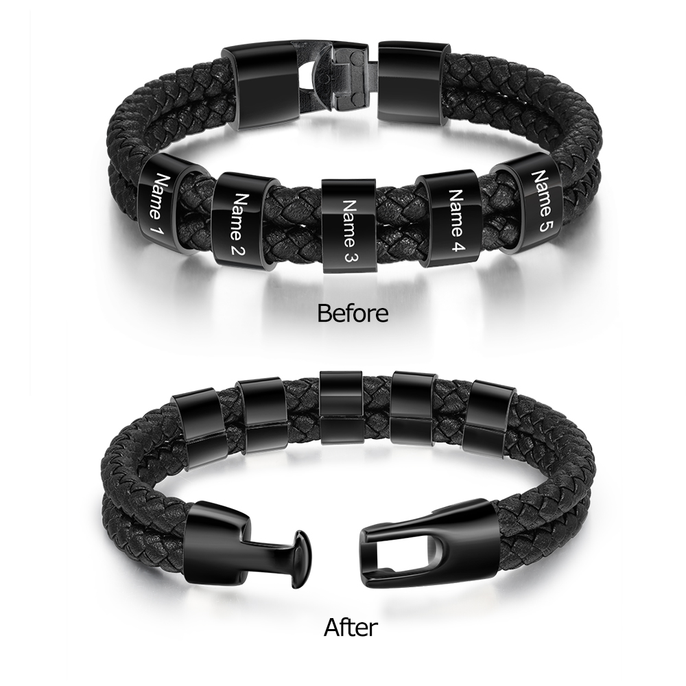 Personalised Braided Leather Bracelet Engraved 5 Names Men's Bracelet for Dad-Jessemade AU