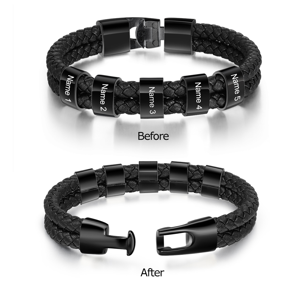Personalised Braided Leather Bracelet Engraved 5 Names Men's Bracelet for Dad-Jessemade AU