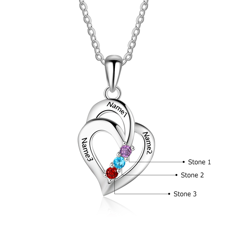 Personalised Heart Necklace With 3 Birthstones Engraved Names Gift For Her-Jessemade AU