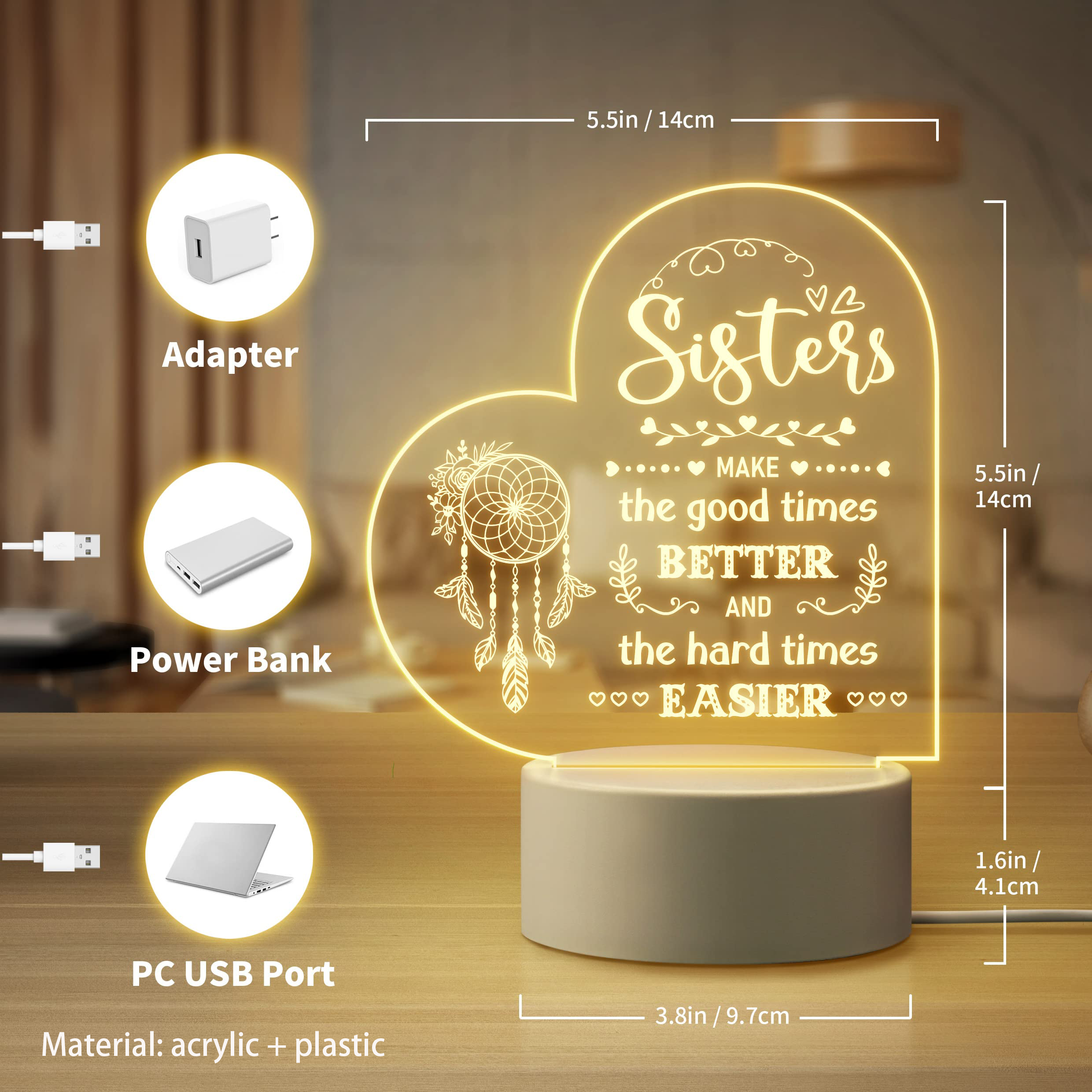 To My Sister - Sisters make the good times better Heart Night Light LED Lamp Bedroom Decoration For Sister-Jessemade AU
