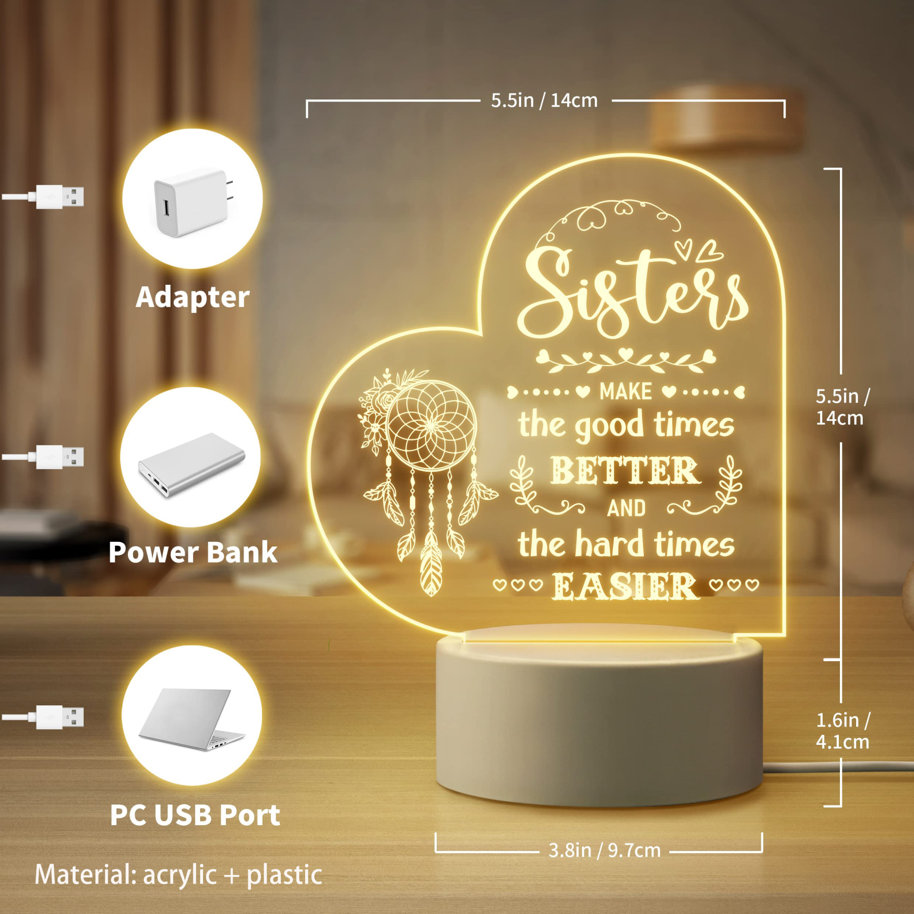 To My Sister - Sisters make the good times better Heart Night Light LED Lamp Bedroom Decoration For Sister-Jessemade AU