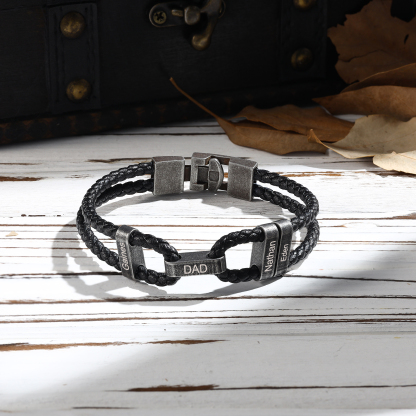 4 Names - Vintage Men's Leather Bracelet Custom Name Bracelet Two Layers Bracelet Personalised Gift for Him-Jessemade AU