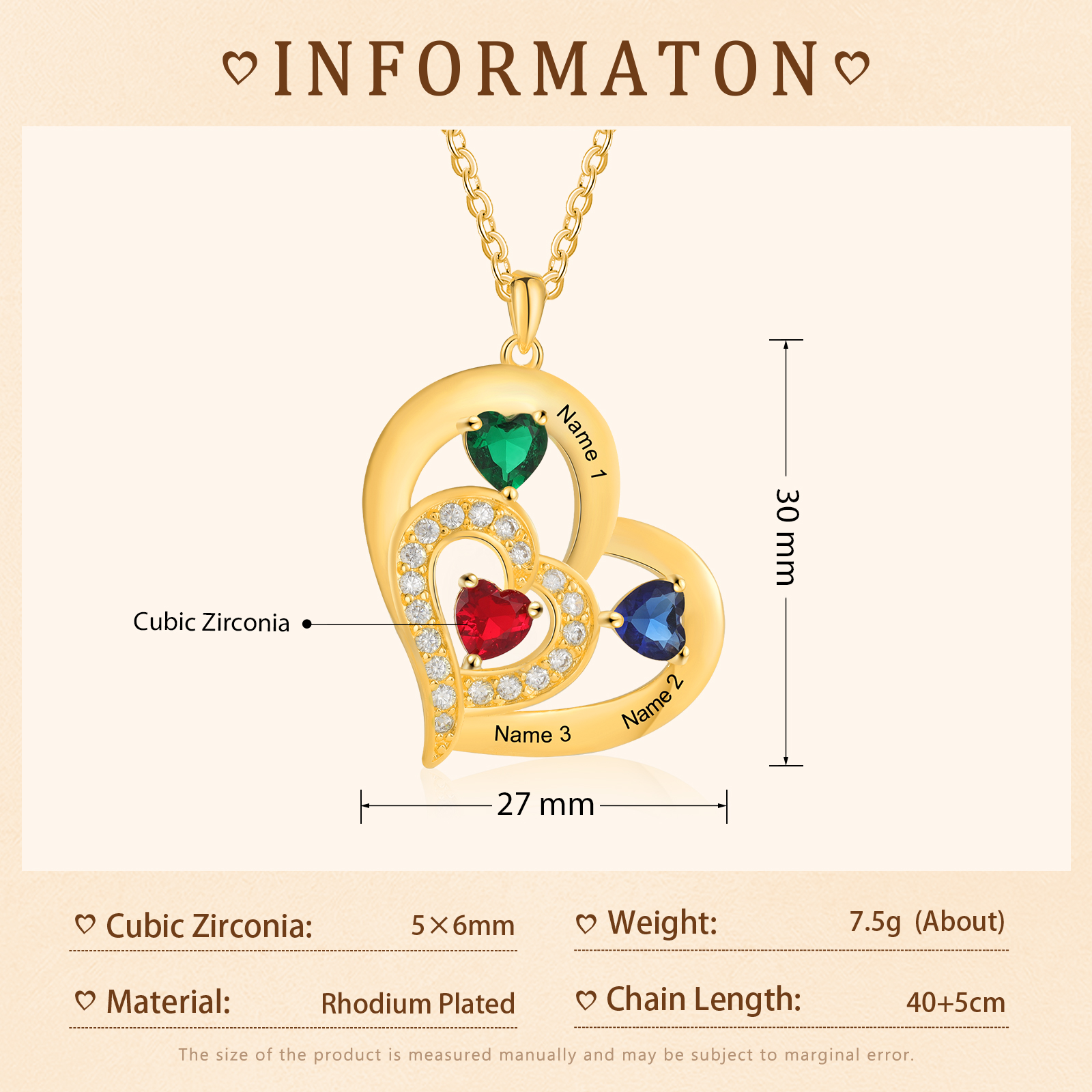 3 Names - Personalised Heart Pendant Necklace Customised Names & Birthstones Necklace Birthday Gift for Her-Jessemade AU