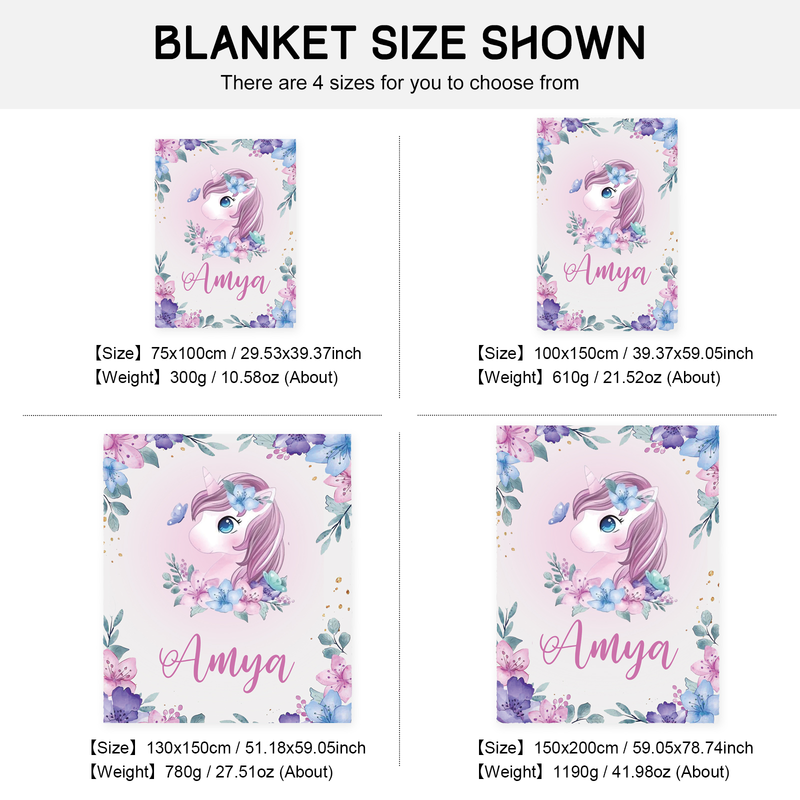 Personalised Flower Unicorn Blanket Custom Name Cute Cartoon Blanket-Jessemade AU