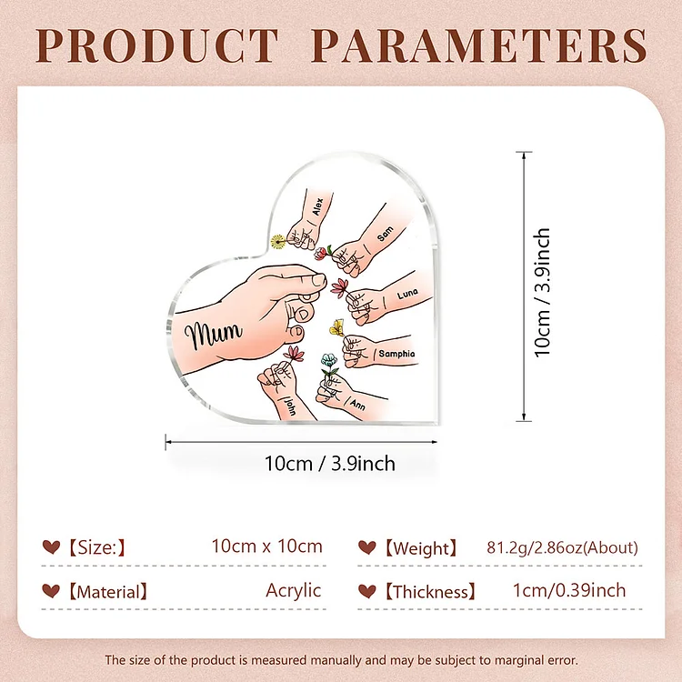 7 Names - Personalised Acrylic Heart Keepsake Handing Flowers to Mother Ornaments Gifts for Grandma/Mother-Jessemade AU