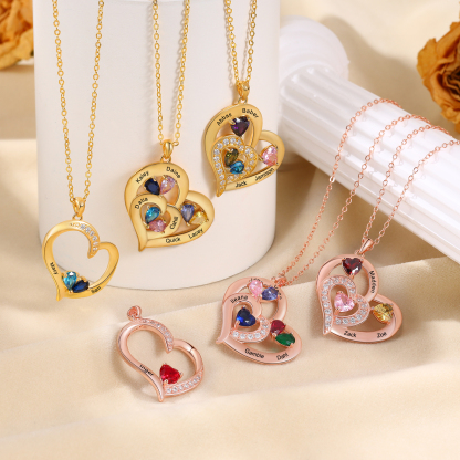 4 Names - Personalised Heart Pendant Necklace Customised Names & Birthstones Necklace Birthday Gift for Her-Jessemade AU