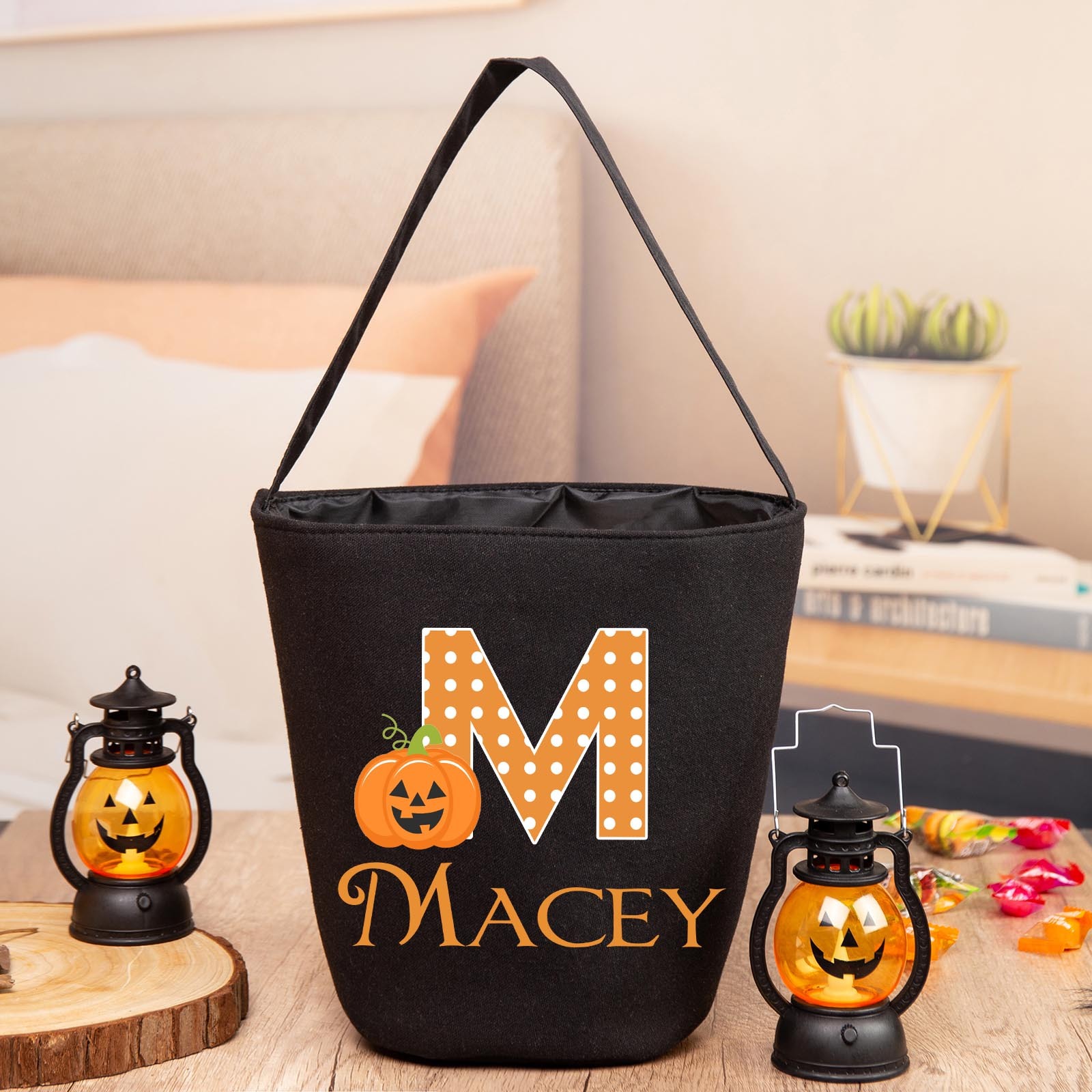 Personalised Halloween Tote Bags Custom 1 Name 1 Letter Bucket Bag Black Pumpkin Candy Bag-Jessemade AU