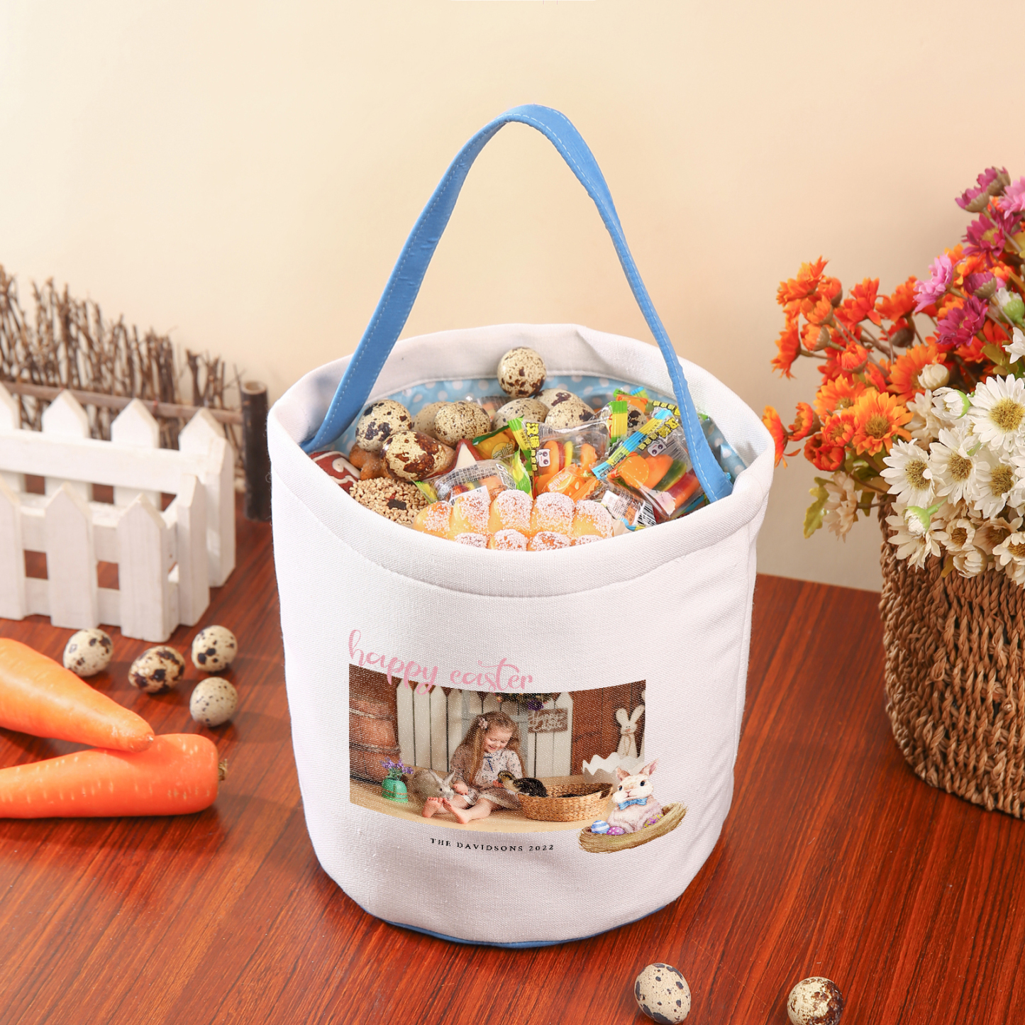 Easter Bunny Tote Bag Personalised Photo & 2 Texts Bucket Bag White Basket Gifts For Kids-Jessemade AU