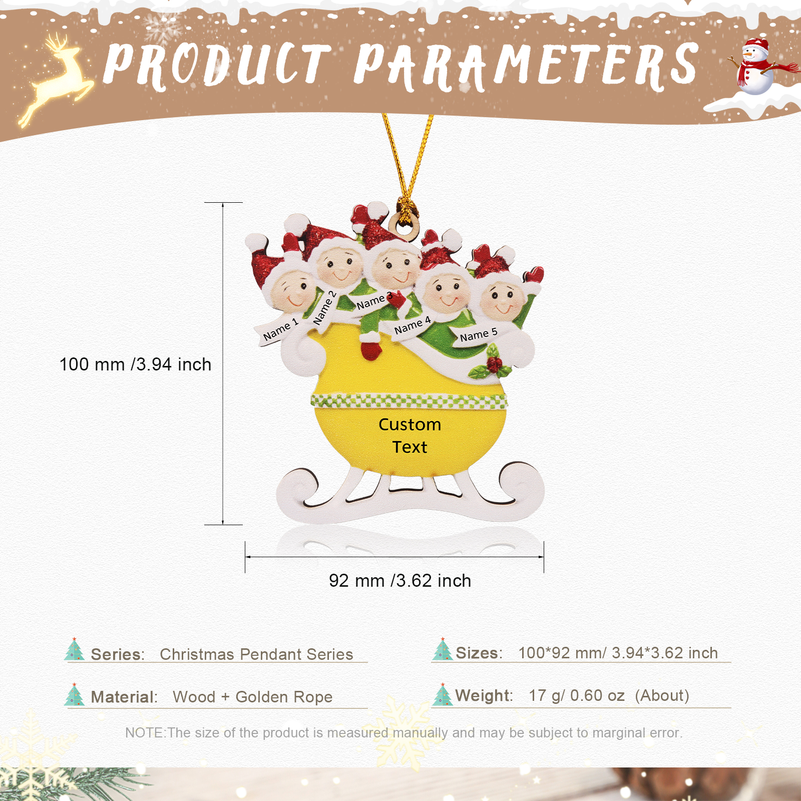 5 Names - Personalised Yellow Sleigh Family Christmas Ornament Customised Name & Text Wooden Hanging Ornaments Christmas Gift for Family-Jessemade AU