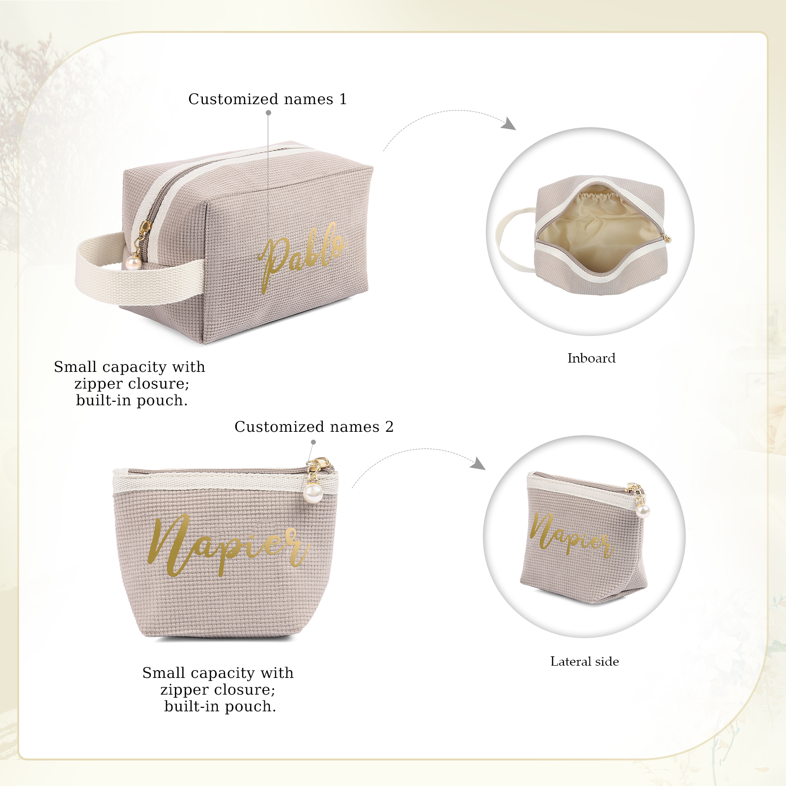 A Set Personalised Name Cosmetic Bag Custom Makeup Bag Zipper Storage Bag Gifts for Ladies Girls-Jessemade AU