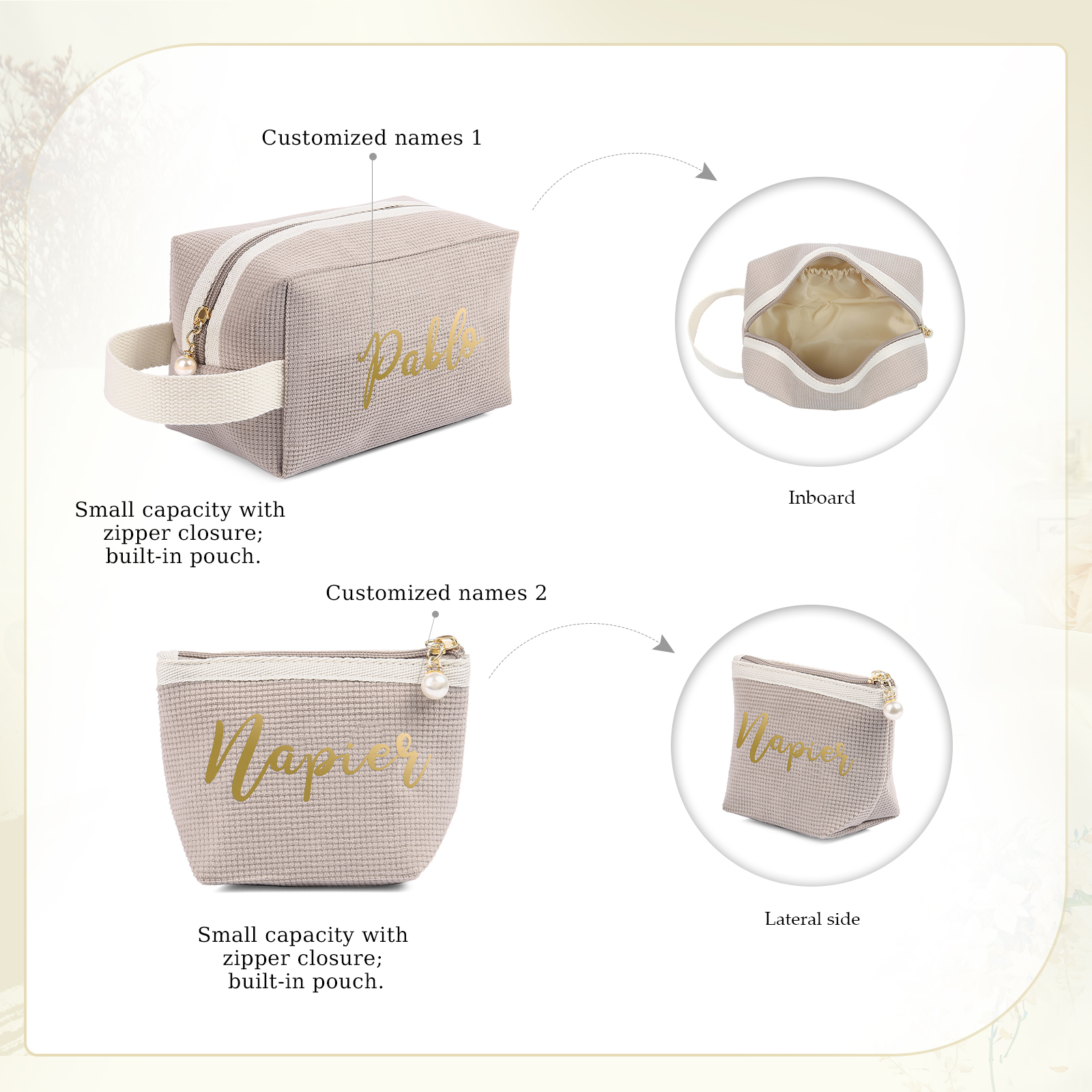 A Set Personalised Name Cosmetic Bag Custom Makeup Bag Zipper Storage Bag Gifts for Ladies Girls-Jessemade AU