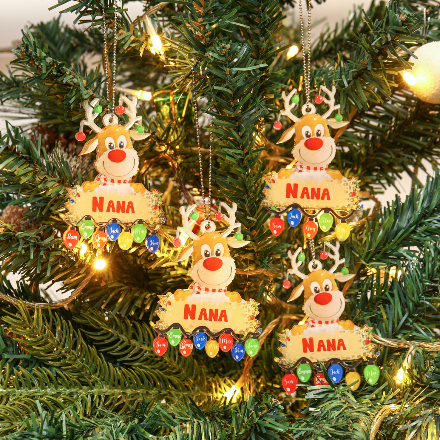 4 Names - Personalised Acrylic Christmas Reindeer Ornaments Customised Text & Name Xmas Decor Gifts for Family-Jessemade AU