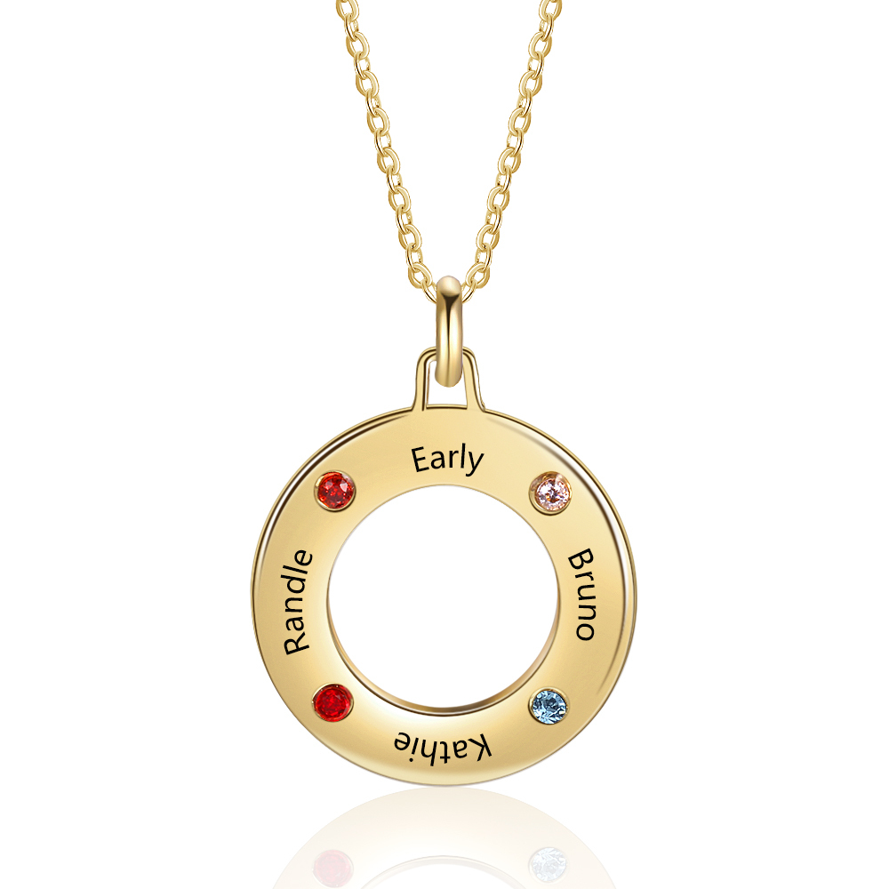 Personalised Circle Necklace With 3 Birthstones Engraved Names Gift For Her-Jessemade AU