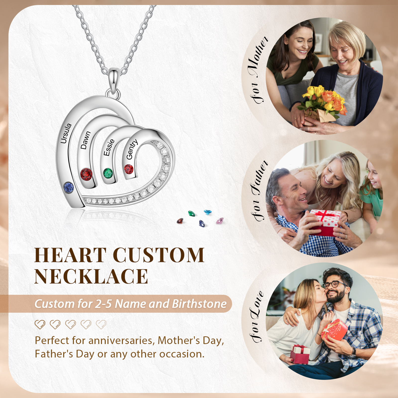 Personalised Heart Pendant Necklace Custom 4 Birthstones & 4 Names Necklace Gifts for Her-Jessemade AU