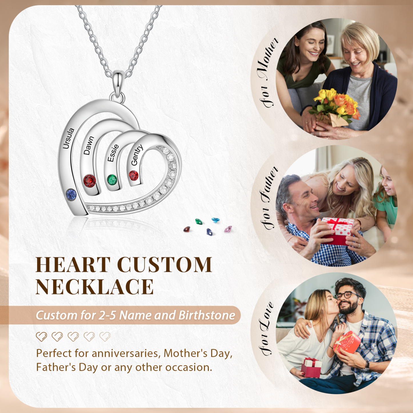 Personalised Heart Pendant Necklace Custom 4 Birthstones & 4 Names Necklace Gifts for Her-Jessemade AU