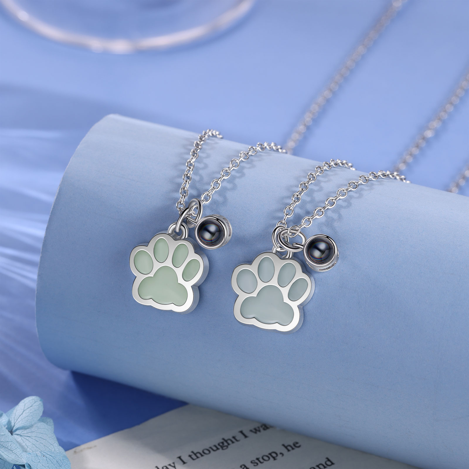Personalised Dog Paw Pendant Couple Necklace Set Custom Photo Projection Necklace Romantic Gifts For Him/Her