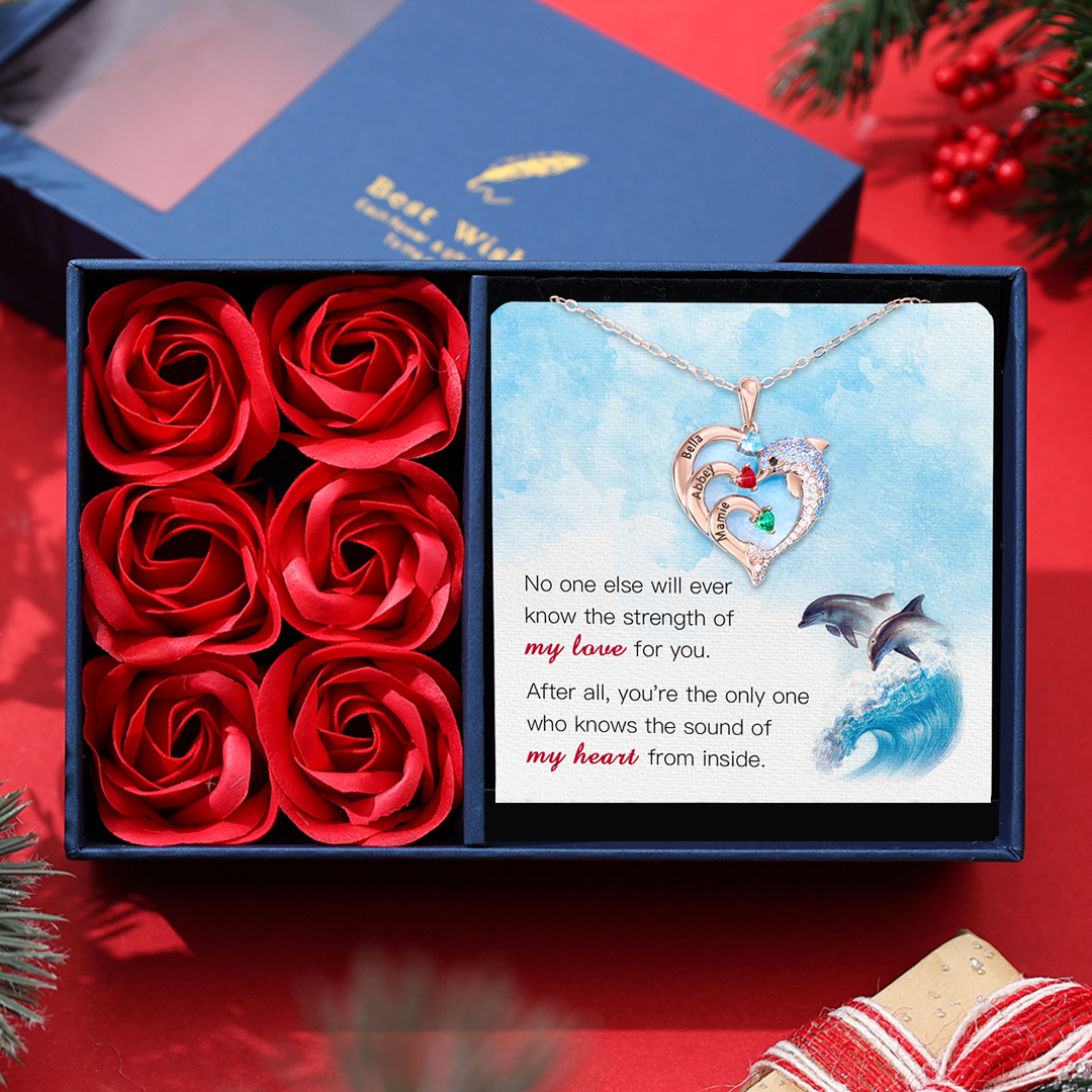 Personalised Heart Dolphin Necklace With 2 Birthstones Engraved Names Gift For Her-Jessemade AU