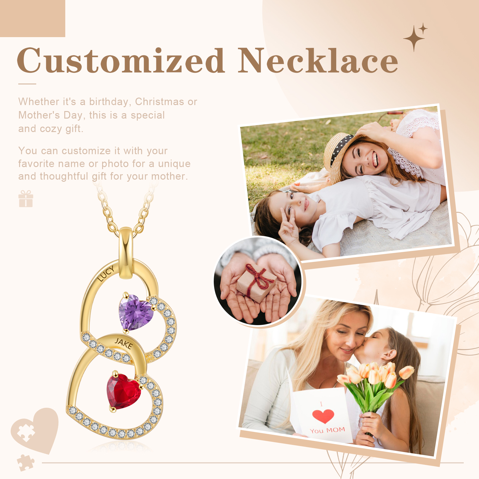 Personalised Heart Pendant Necklace Custom 2 Birthstones & 2 Names Necklace Gifts for Her-Jessemade AU