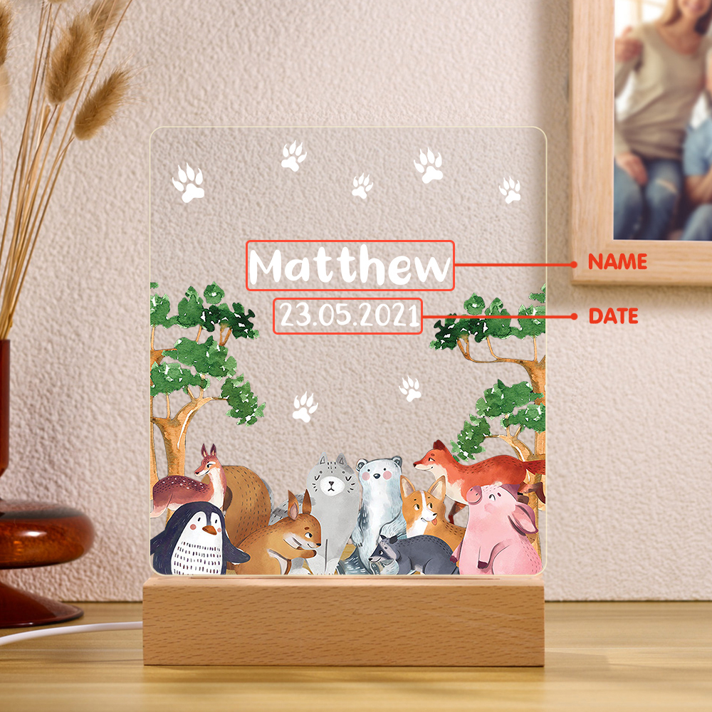 Personalised Name Night Light Animal Zoo Wood LED Night Light Custom Date Nursery Birthday Gifts For Kids-Jessemade AU