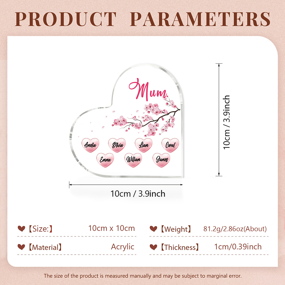 7 Names - Personalised Acrylic Heart Keepsake Custom Text Peach Blossom Ornaments Gifts for Grandma/Mother-Jessemade AU