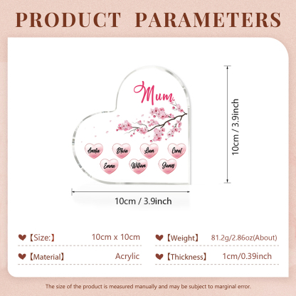 7 Names - Personalised Acrylic Heart Keepsake Custom Text Peach Blossom Ornaments Gifts for Grandma/Mother-Jessemade AU