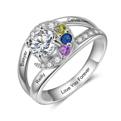 Personalised Moon Star Ring With 3 Birthstones Custom Names Best Gift For Women-Jessemade AU